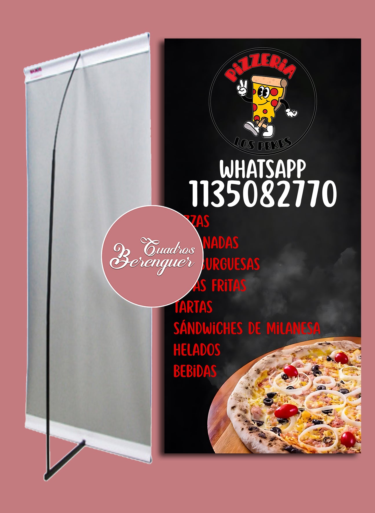⭐BANNER COMERCIAL PIZZERIA LOS PEKES 90X190 CON ESTRUCTURA⭐