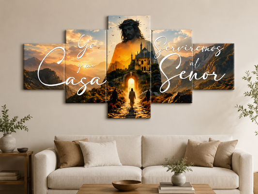 Cuadro Políptico Jesús y la Entrada al Reino de Dios 150x70cm con frase - YO Y MI CASA SERVIREMOS AL SEÑOR