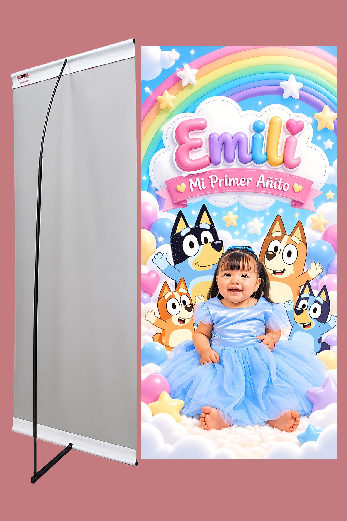 Banner Bluey personalizado de 90x190 cm con foto, nombre y edad, estructura simple con tensor