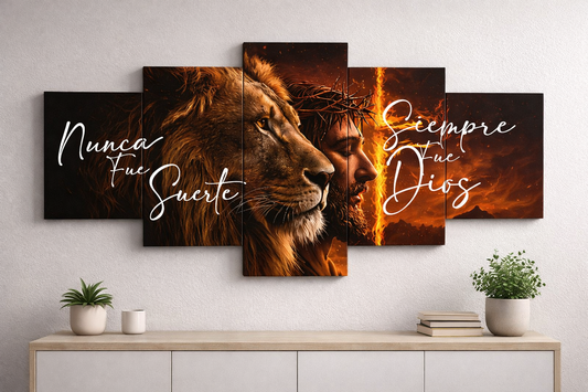 Cuadro Políptico 150x70cm León y Jesús - Nunca fue suerte, Siempre fue Dios