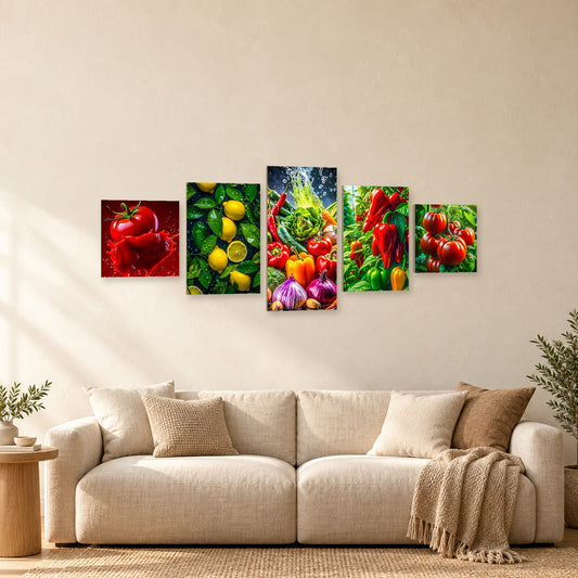 âCUADRO POLĂPTICO VERDURAS 100Ă40 CM â 5 BASTIDORESâ â mockup del diseño completo en ambiente