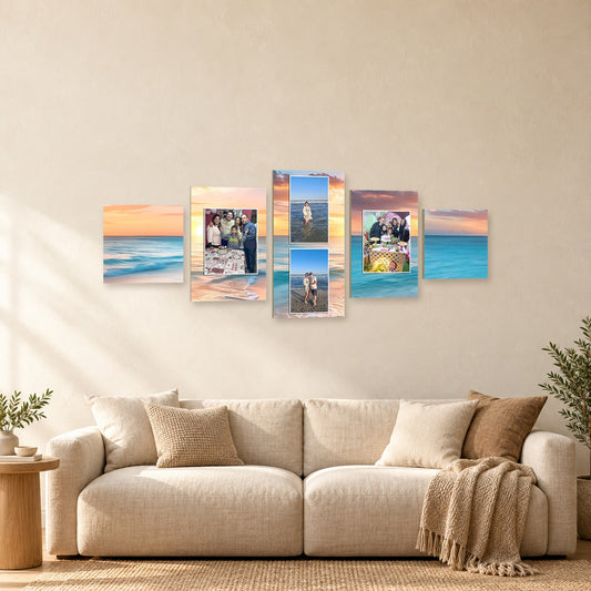âCUADRO POLĂPTICO PLAYA 100Ă40 CM â 5 BASTIDORESâ â mockup del diseño completo en ambiente