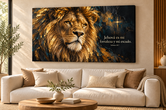 Cuadro León Jehová es mi fortaleza ambientado en living