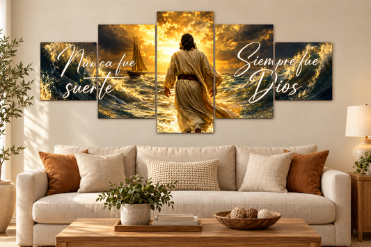Cuadro prediseñado Jesús Nunca fue suerte Siempre fue Dios, políptico 5 bastidores 150x70 en living