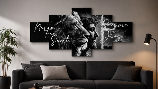 Cuadro Políptico BYN 150x70cm León y Jesús - Nunca fue suerte, Siempre fue Dios