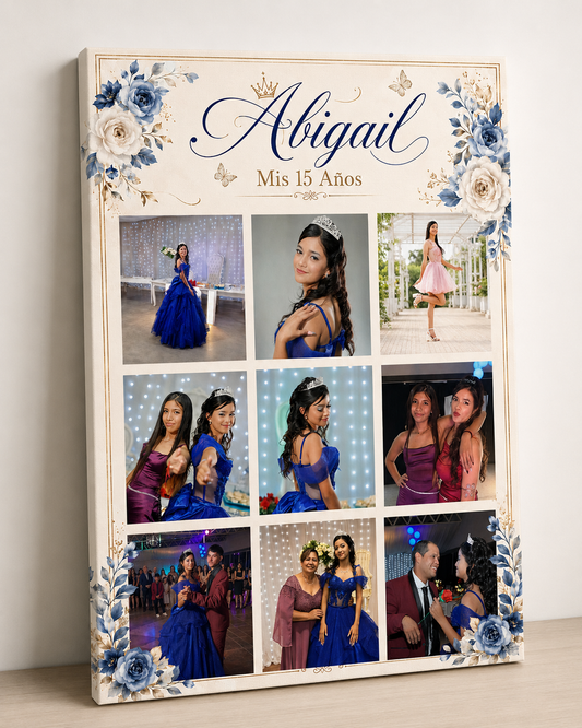CUADRO XV AÑOS FLORES AZUL - FONDO PERSONALIZADO  80X60