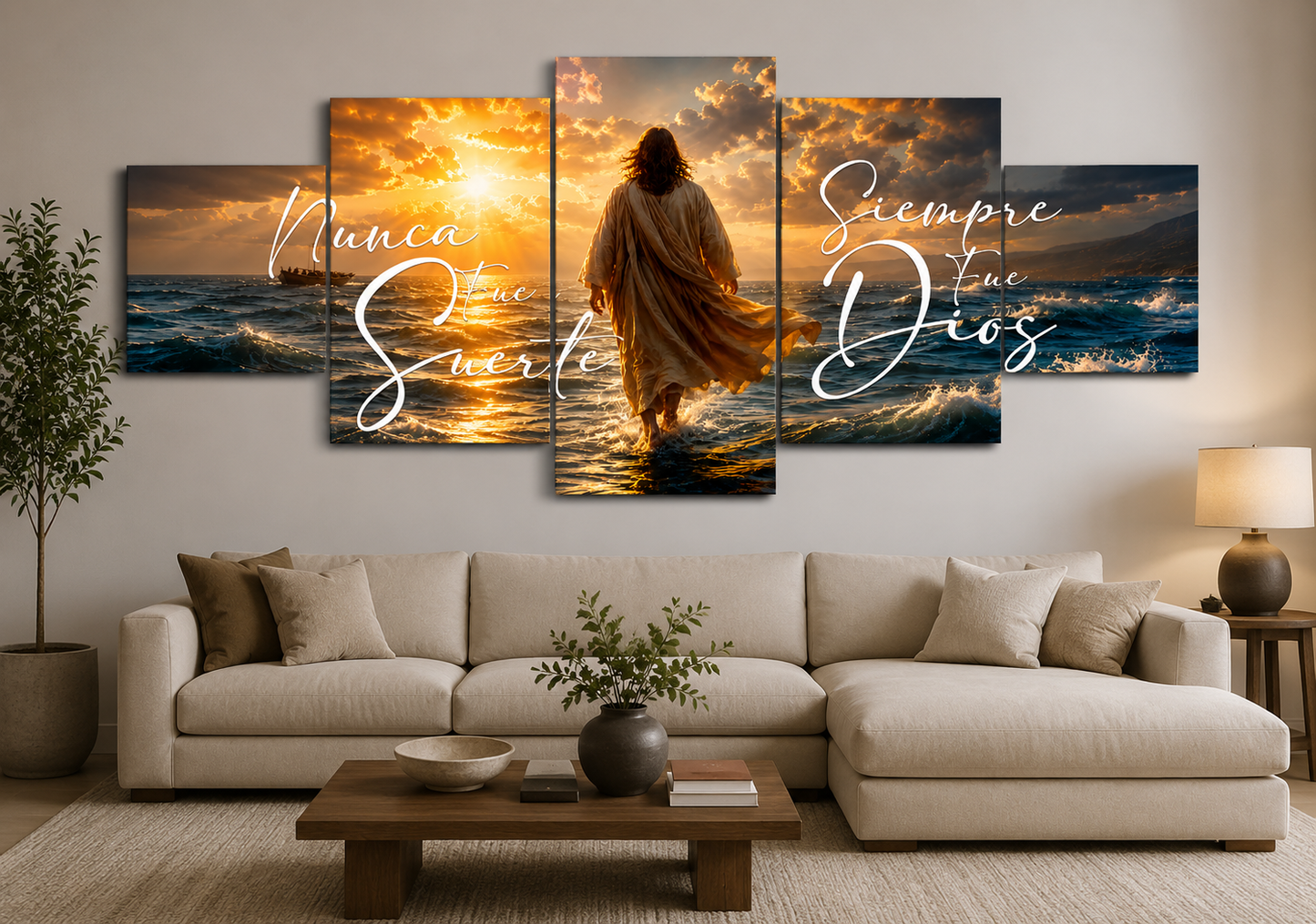 Cuadro Políptico 150x70cm Jesús en el agua Con Frase - Nunca fue suerte, Siempre fue Dios