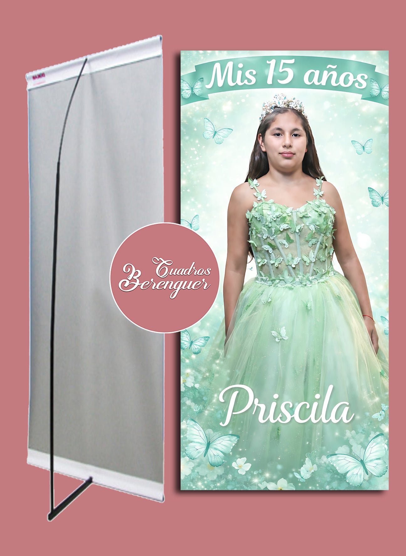 ⭐BANNER PERSONALIZADO XV AÑOS TEMATICA MARIPOSAS VERDE 90X190⭐