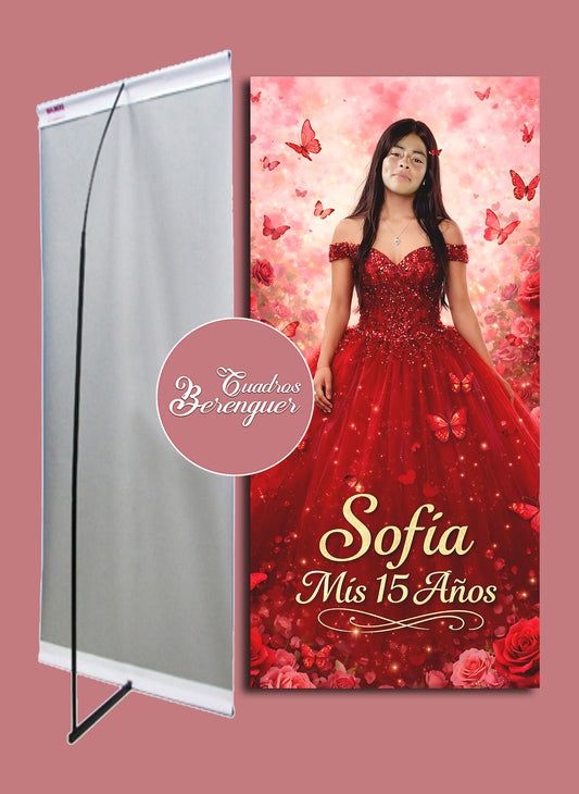 ⭐BANNER XV AÑOS TEMATICA ROSAS Y MARIPOSAS ROJO 90X190⭐