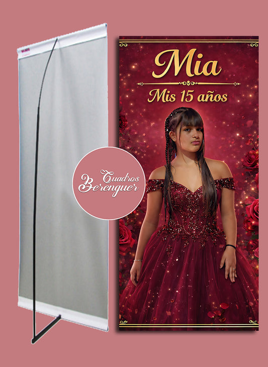 ⭐BANNER PERSONALIZADO XV AÑOS TEMATICA ROSA BORGOÑA 90X190⭐