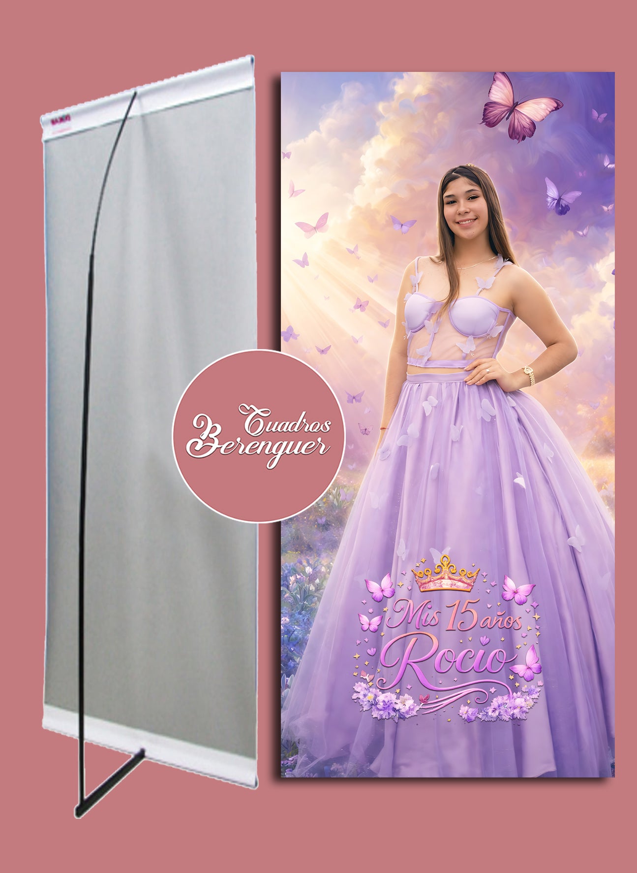 ⭐BANNER PERSONALIZADO XV AÑOS TEMATICA MARIPOSAS LILA 90X190⭐