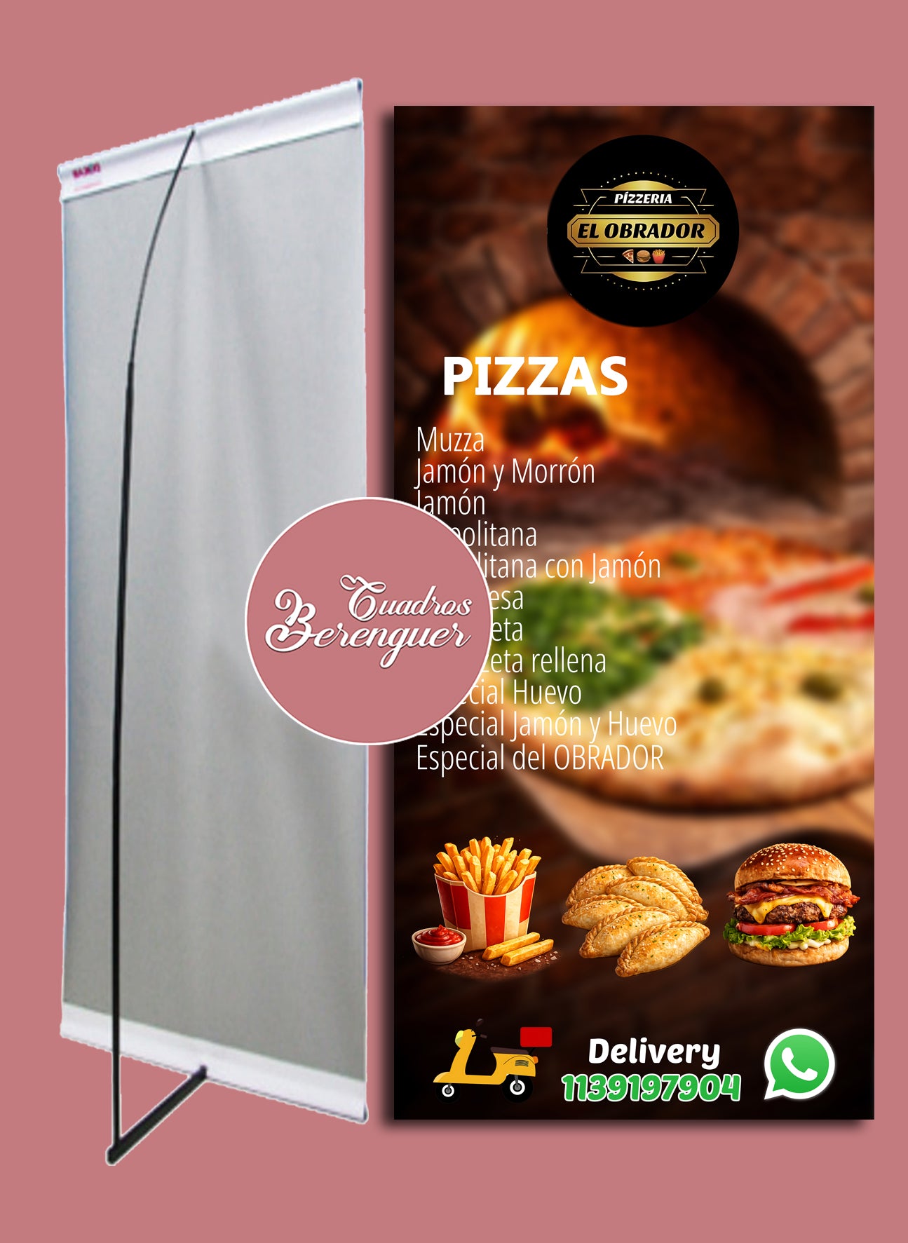 ⭐BANNER COMERCIAL PIZZERIA EL OBRADOR 90X190 CON ESTRUCTURA⭐
