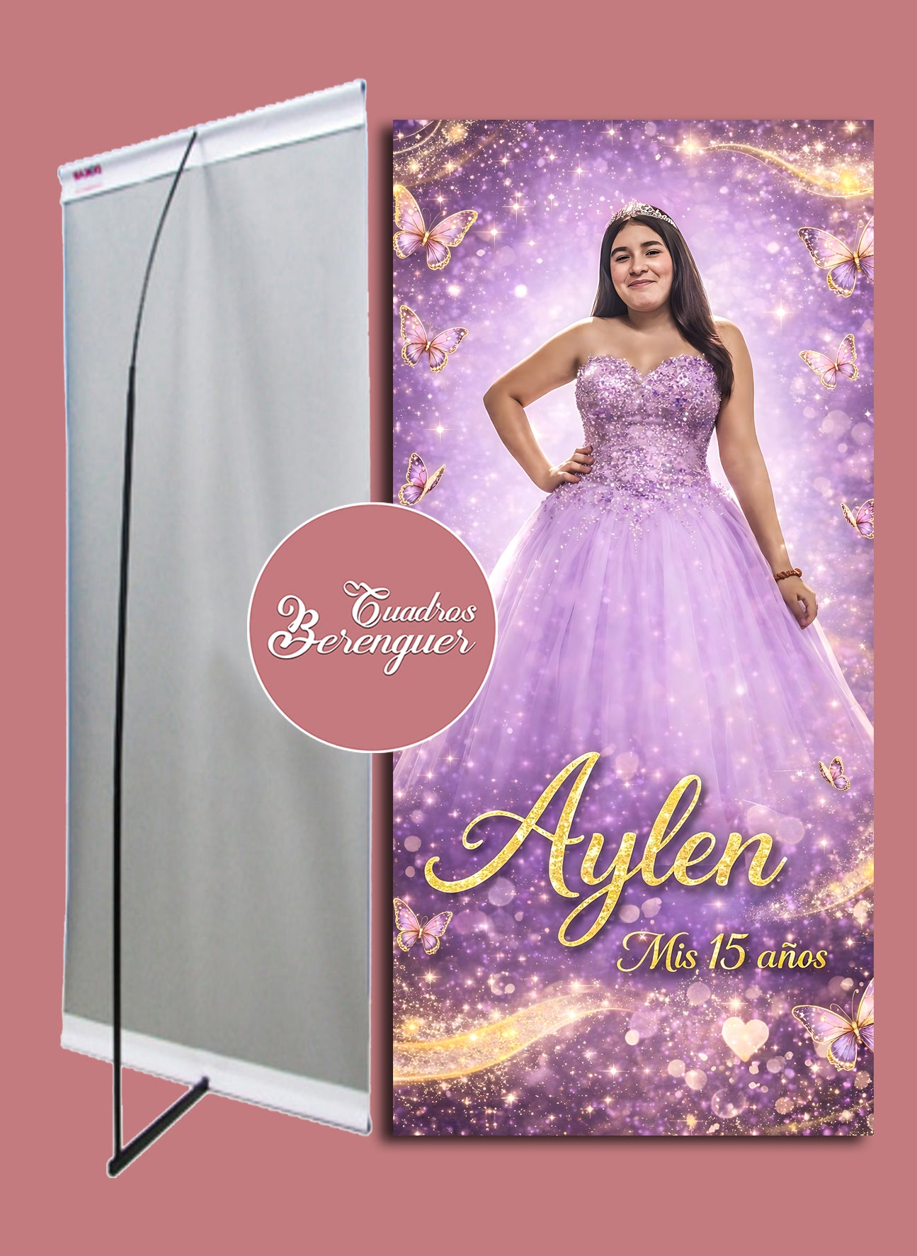 ⭐BANNER PERSONALIZADO XV AÑOS TEMATICA MARIPOSAS VIOLETA Y DORADO 90X190⭐