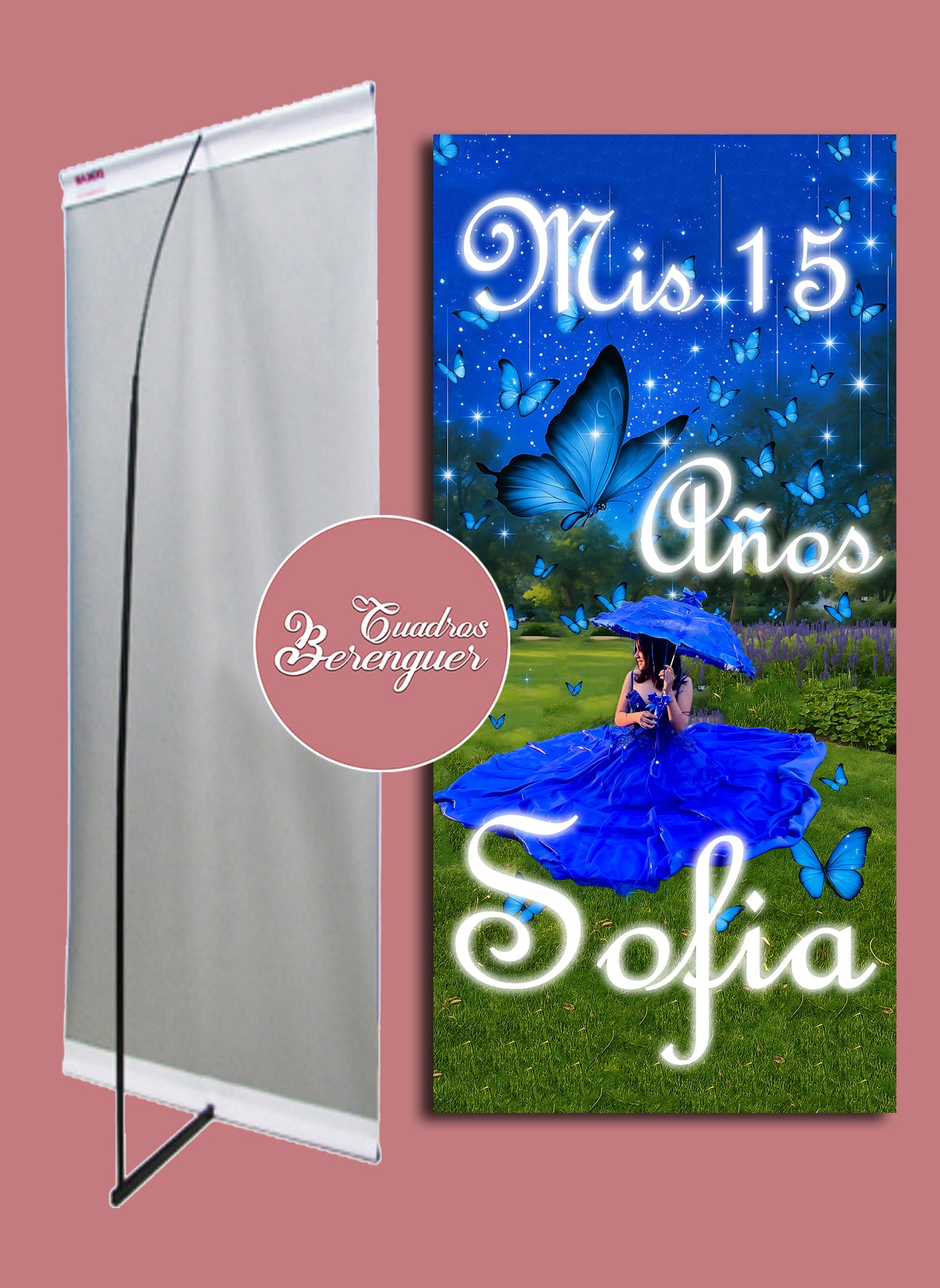 ⭐BANNER PERSONALIZADO XV AÑOS TEMATICA MARIPOSAS AZULES 90X190⭐