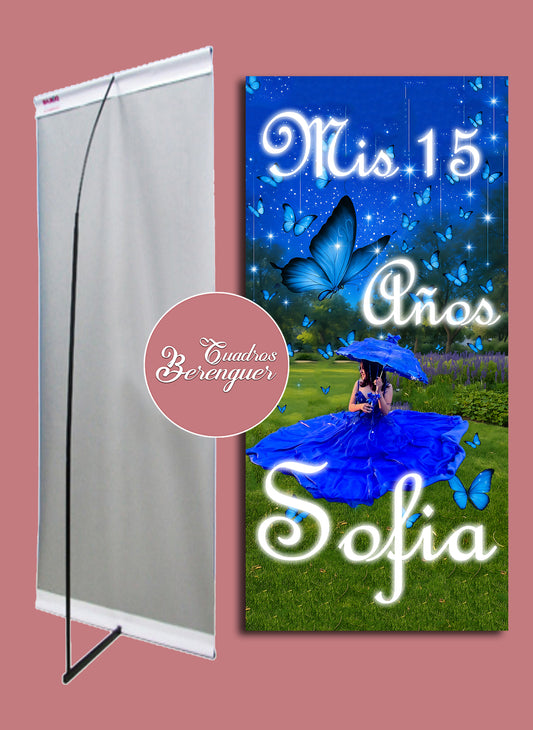 ⭐BANNER PERSONALIZADO XV AÑOS TEMATICA MARIPOSAS AZULES 90X190⭐