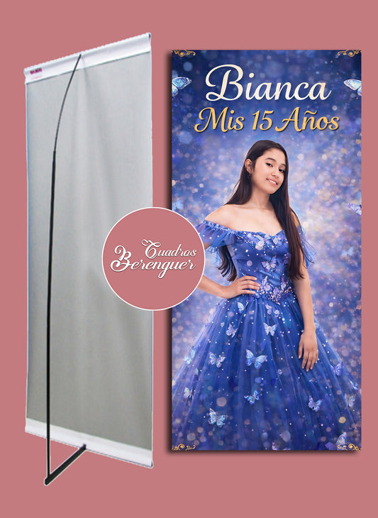 ⭐BANNER PERSONALIZADO XV AÑOS TEMATICA MARIPOSAS AZULES 90X190⭐