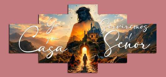 Cuadro Políptico Jesús y la Entrada al Reino de Dios 150x70cm con frase - YO Y MI CASA SERVIREMOS AL SEÑOR