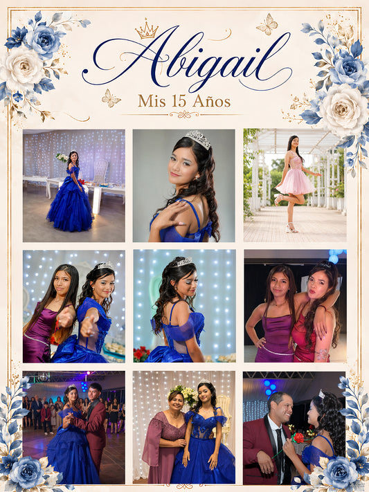 CUADRO XV AÑOS FLORES AZUL - FONDO PERSONALIZADO  80X60