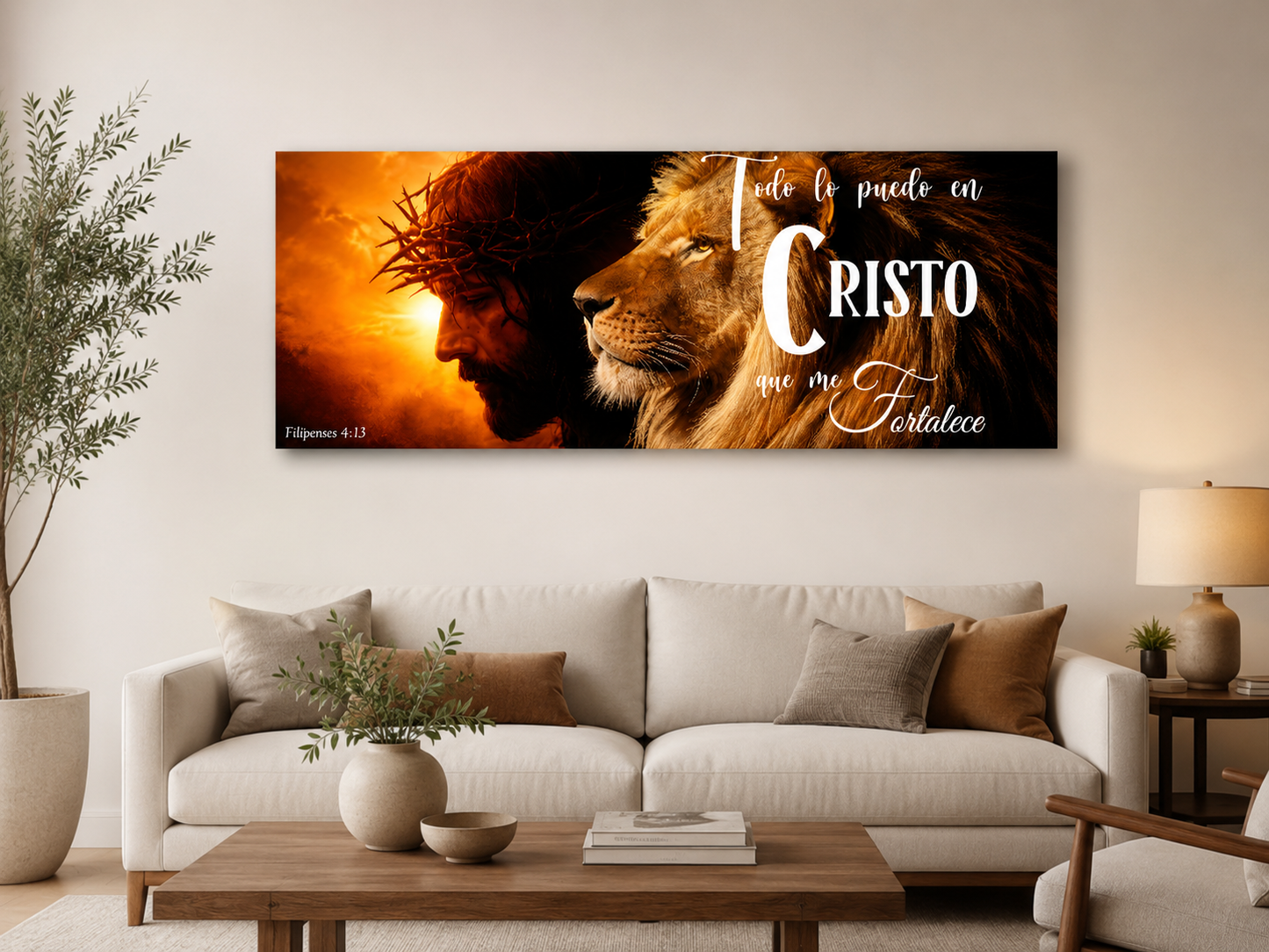 ⭐ Cuadro 100x40 cm Cristo y León con frase - Todo lo puedo en Cristo⭐