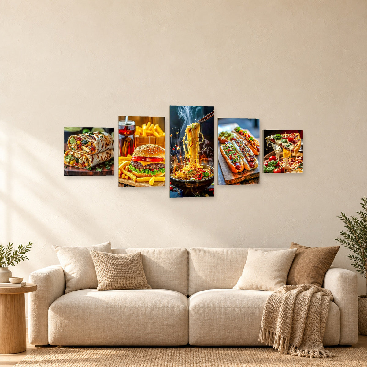 ⭐CUADRO POLÍPTICO COMIDA 100×40 CM – 5 BASTIDORES⭐ — mockup del diseño completo en ambiente