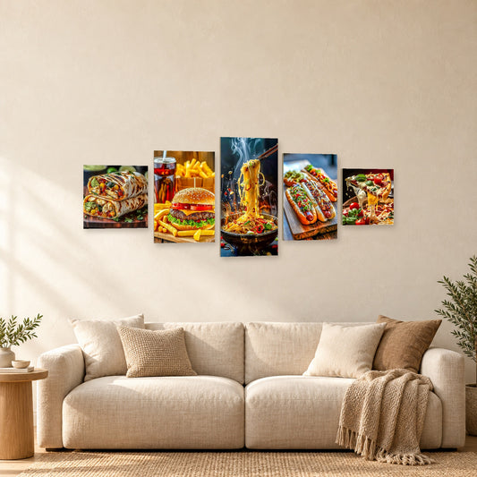 ⭐CUADRO POLÍPTICO COMIDA 100×40 CM – 5 BASTIDORES⭐ — mockup del diseño completo en ambiente