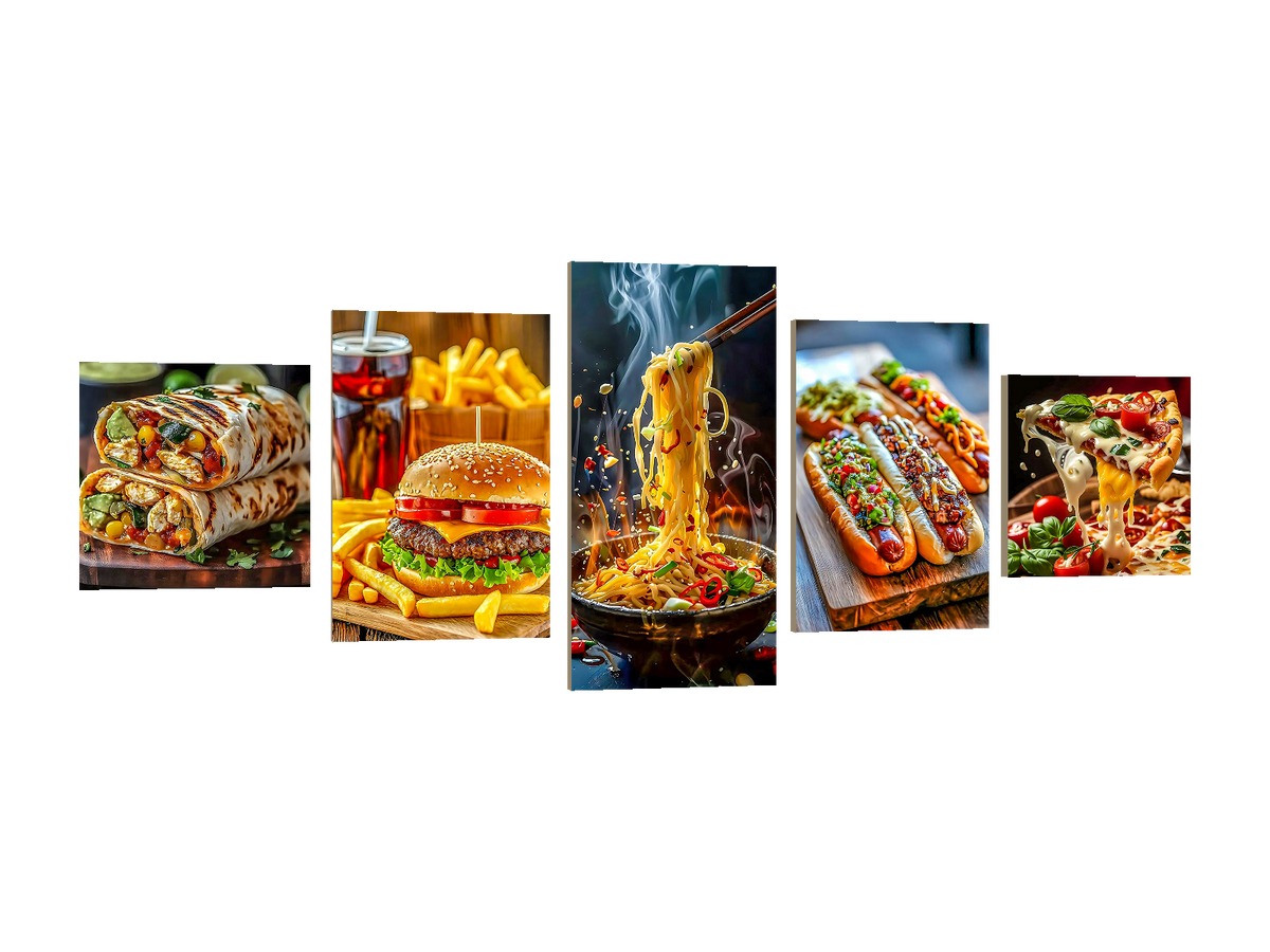 ⭐CUADRO POLÍPTICO COMIDA 100×40 CM – 5 BASTIDORES⭐ — diseño original, PNG transparente, perspectiva izquierda 15°, sin halo