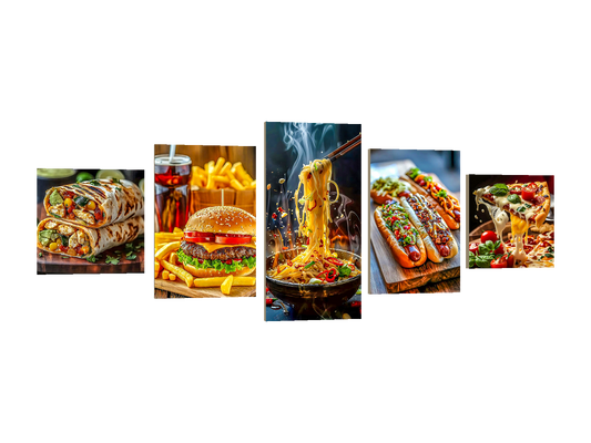 ⭐CUADRO POLÍPTICO COMIDA 100×40 CM – 5 BASTIDORES⭐ — diseño original, PNG transparente, perspectiva izquierda 15°, sin halo