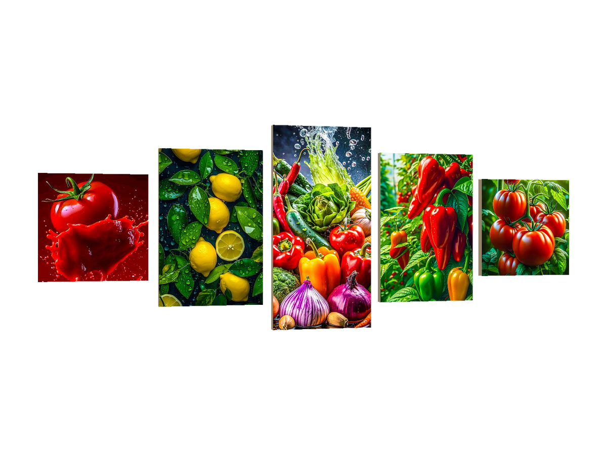 ⭐CUADRO POLÍPTICO VERDURAS 100×40 CM – 5 BASTIDORES⭐ — diseño original, PNG transparente, perspectiva izquierda 15°, sin halo