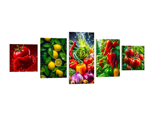 ⭐CUADRO POLÍPTICO VERDURAS 100×40 CM – 5 BASTIDORES⭐ — diseño original, PNG transparente, perspectiva izquierda 15°, sin halo
