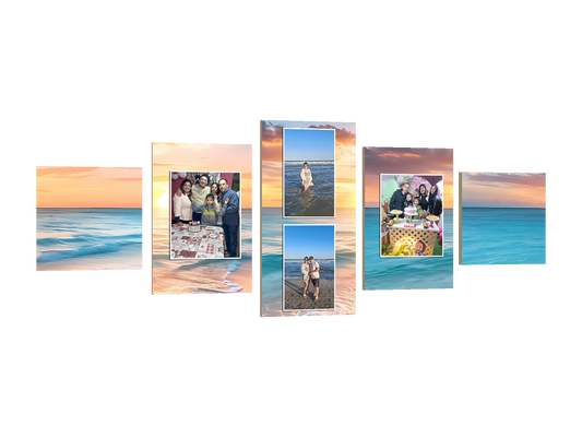 ⭐CUADRO POLÍPTICO PLAYA 100×40 CM – 5 BASTIDORES⭐ — diseño original, PNG transparente, perspectiva izquierda 15°, sin halo