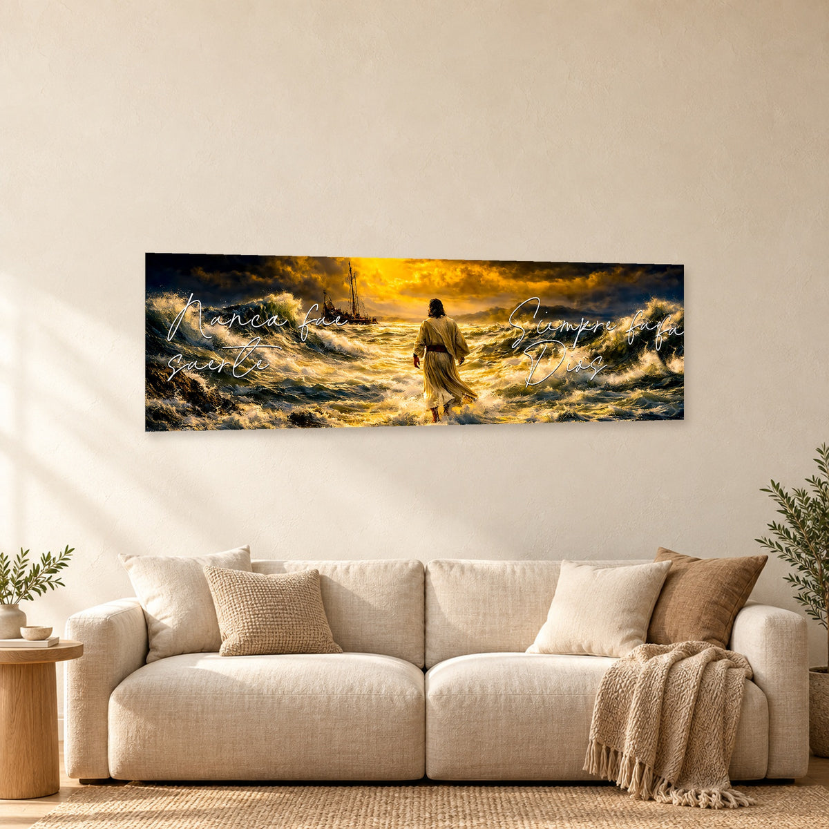⭐CUADRO CON FRASE LA TORMENTA DE DIOS 140X80CM⭐ — mockup del diseño completo en ambiente