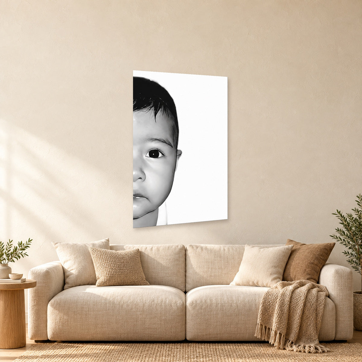 ⭐CUADRO RETRATO 1/2 ROSTRO PRIMER PLANO B&N 60X40CM⭐ — mockup del diseño completo en ambiente