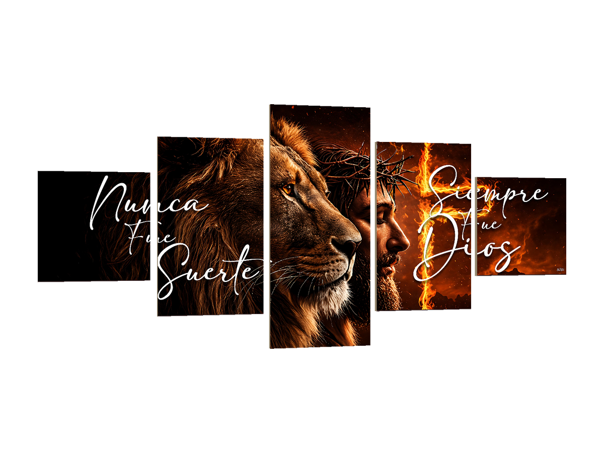 ⭐CUADRO POLÍPTICO LEÓN Y JESÚS 150×70 CM – 5 BASTIDORES⭐ — diseño original, PNG transparente, perspectiva izquierda 15°, sin halo