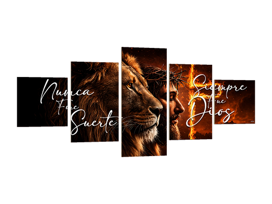 ⭐CUADRO POLÍPTICO LEÓN Y JESÚS 150×70 CM – 5 BASTIDORES⭐ — diseño original, PNG transparente, perspectiva izquierda 15°, sin halo
