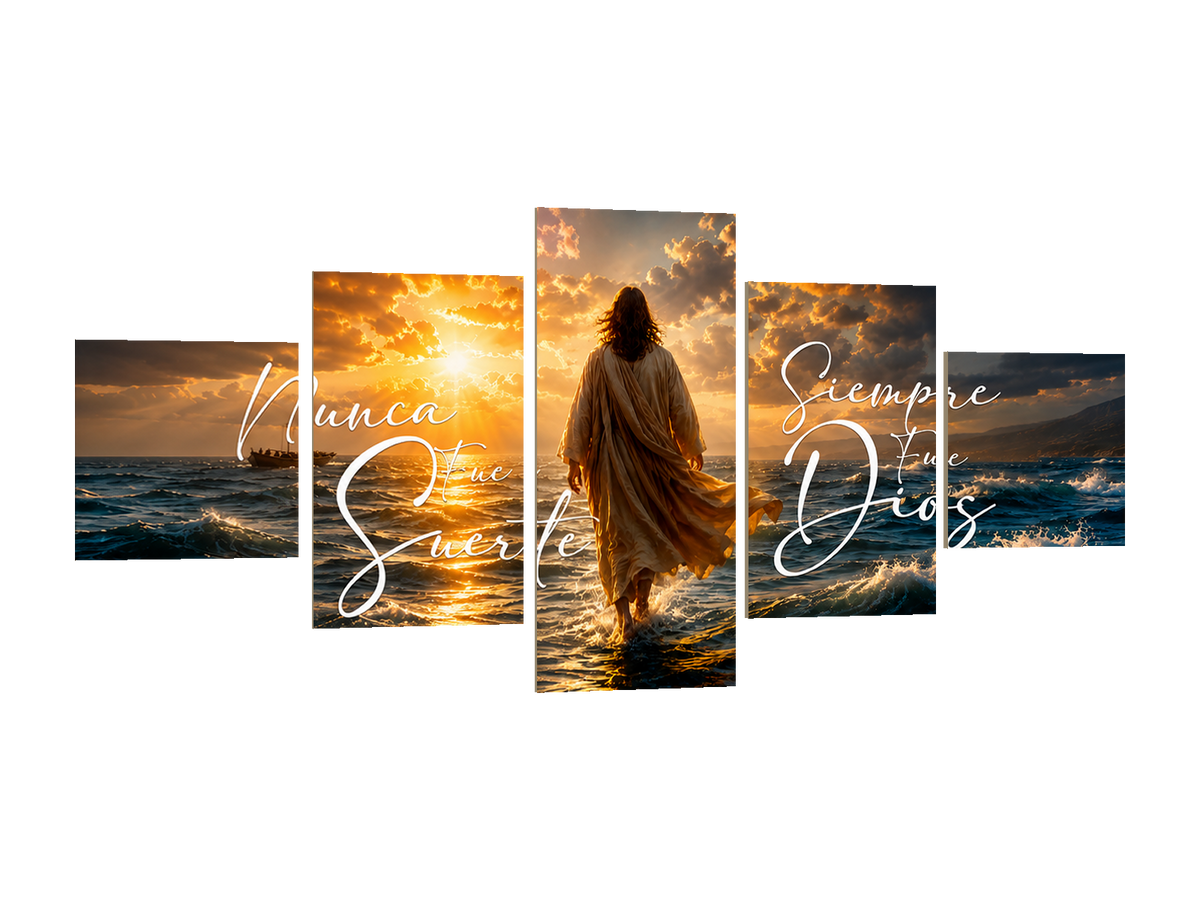 ⭐CUADRO POLÍPTICO JESÚS CAMINANDO EN EL AGUA 150×70 CM – 5 BASTIDORES⭐ — diseño original, PNG transparente, perspectiva izquierda 15°, sin halo