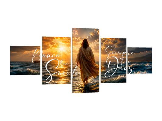 ⭐CUADRO POLÍPTICO JESÚS CAMINANDO EN EL AGUA 150×70 CM – 5 BASTIDORES⭐ — diseño original, PNG transparente, perspectiva izquierda 15°, sin halo