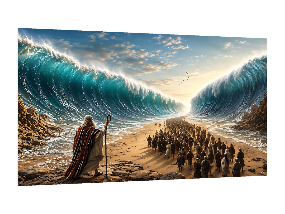 ⭐CUADRO MOISÉS ABRIENDO EL MAR ROJO 140X80CM⭐ — diseño original, PNG transparente, perspectiva izquierda 15°, sin halo