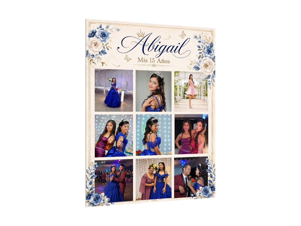 ⭐CUADRO XV AÑOS FLORES AZUL - FONDO PERSONALIZADO  80X60⭐ — diseño original, PNG transparente, perspectiva izquierda 15°, sin halo