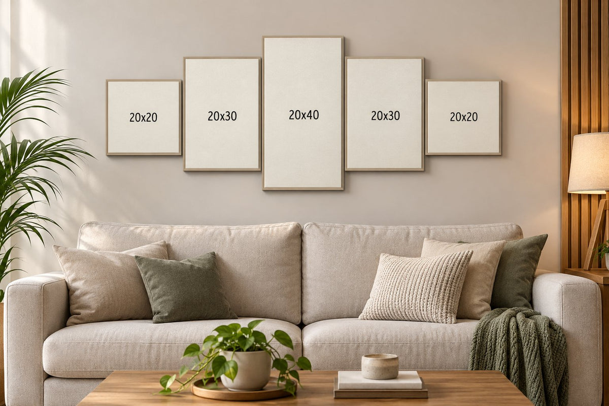 Cuadro políptico personalizado 100×40 cm ambientado en living con medidas 20×20, 20×30, 20×40, 20×30 y 20×20