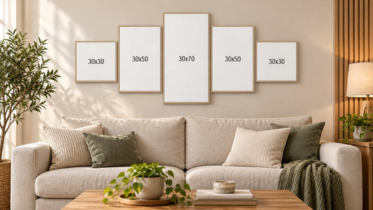 Cuadro políptico personalizado 150×70 cm ambientado en living con medidas 30×30, 30×50, 30×70, 30×50 y 30×30