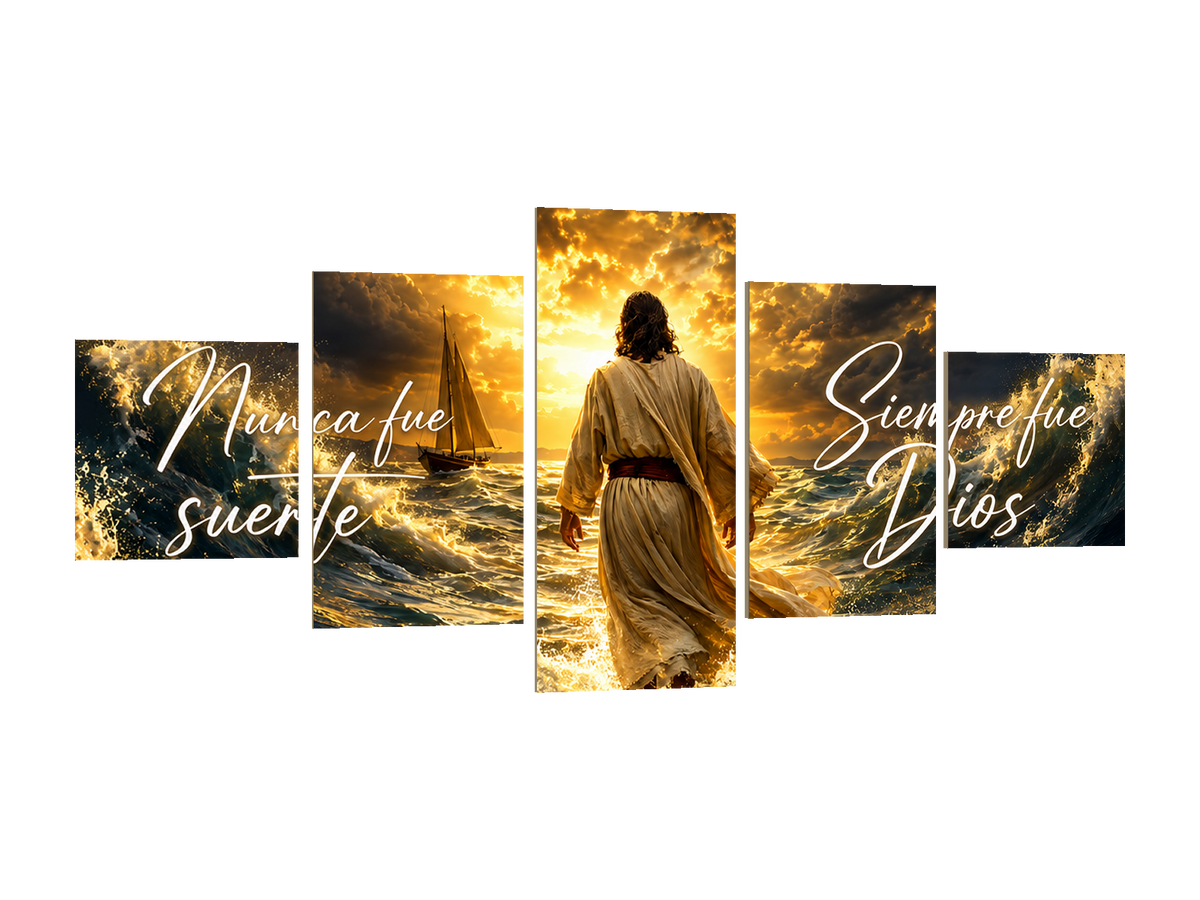 Cuadro Jesús – Nunca fue suerte, Siempre fue Dios | 5 Bastidores 150x70 — diseño original, perspectiva izquierda 15°, fondo transparente