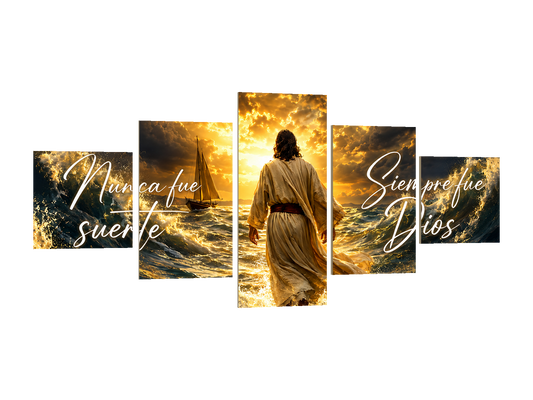 Cuadro Jesús – Nunca fue suerte, Siempre fue Dios | 5 Bastidores 150x70 — diseño original, perspectiva izquierda 15°, fondo transparente