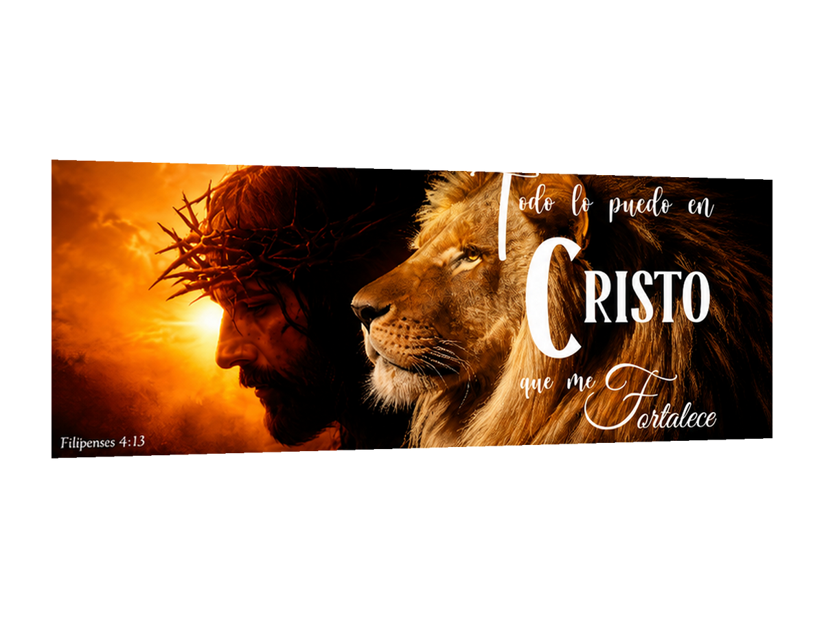 ⭐ Cuadro 100x40 cm Cristo y León con frase - Todo lo puedo en Cristo⭐ — diseño original, perspectiva izquierda 15°, fondo transparente