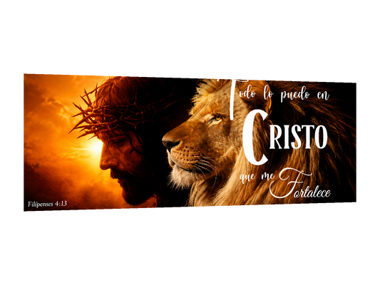 ⭐ Cuadro 100x40 cm Cristo y León con frase - Todo lo puedo en Cristo⭐ — diseño original, perspectiva izquierda 15°, fondo transparente