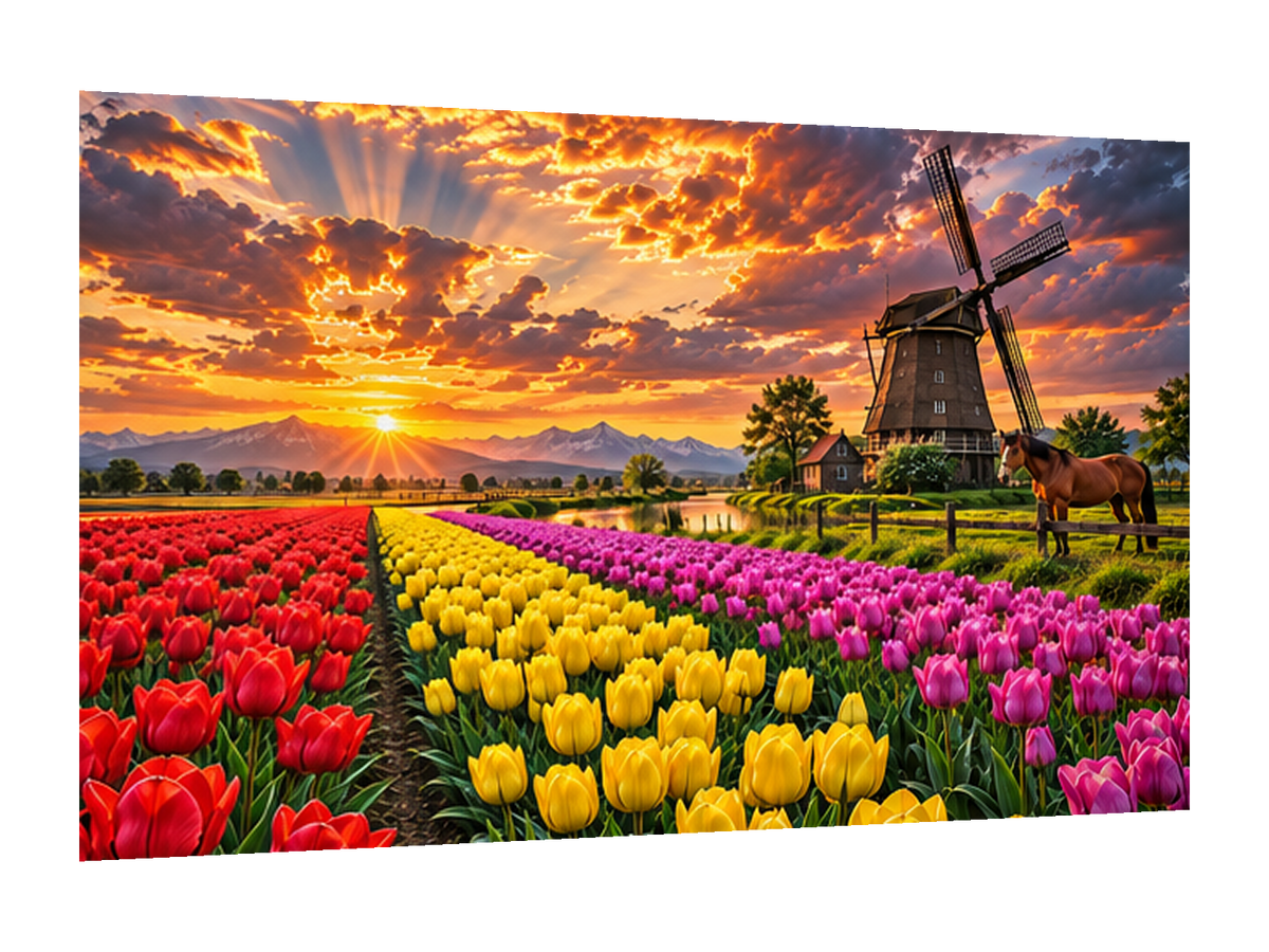 🌷 CUADRO TULIPANES Y MOLINO 60X40 — diseño original, perspectiva izquierda 15°, fondo transparente