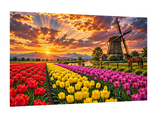 🌷 CUADRO TULIPANES Y MOLINO 60X40 — diseño original, perspectiva izquierda 15°, fondo transparente