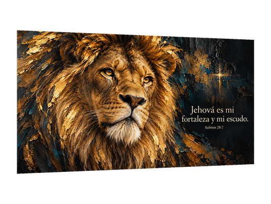⭐ Cuadro León – Jehová es mi fortaleza y mi escudo ⭐ — perspectiva izquierda 15°, PNG transparente