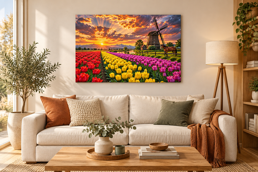 Cuadro Tulipanes y Molino 60x40 ambientado