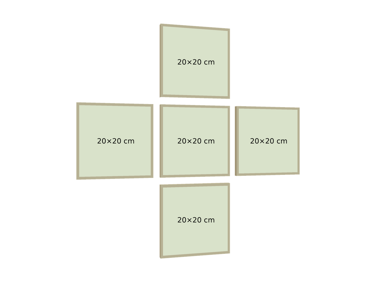 Cinco bastidores de 20×20 cm, separación 2 cm, perspectiva izquierda 15°, PNG transparente