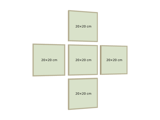 Cinco bastidores de 20×20 cm, separación 2 cm, perspectiva izquierda 15°, PNG transparente